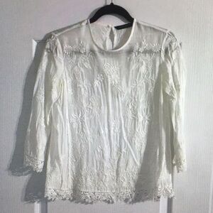 Cream Embroidered Blouse with Mandarin Collar and Three-Quarter Sleeves